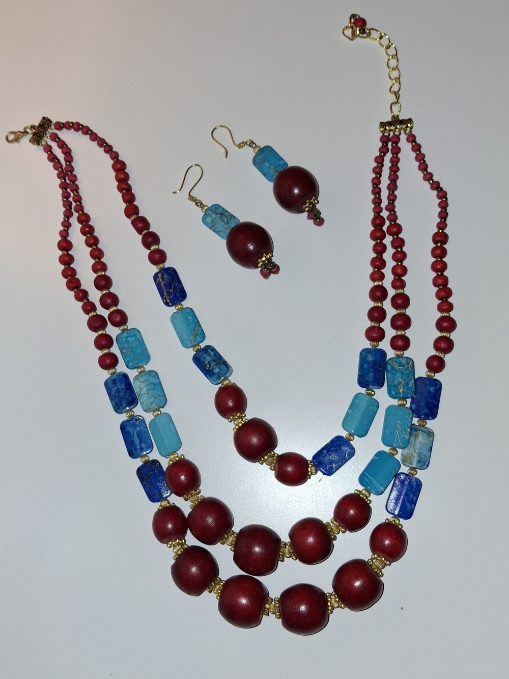 Bold Red and Blue Multi-Strand Bead Necklace with Matching Earrings